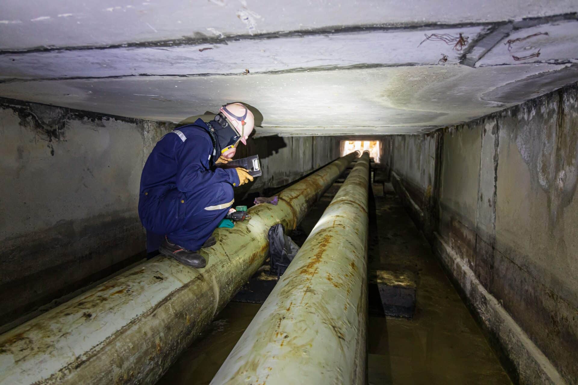 A technician in a respirator and hard hat inspecting industrial piping within a narrow underground tunnel, showcasing confined space entry skills.